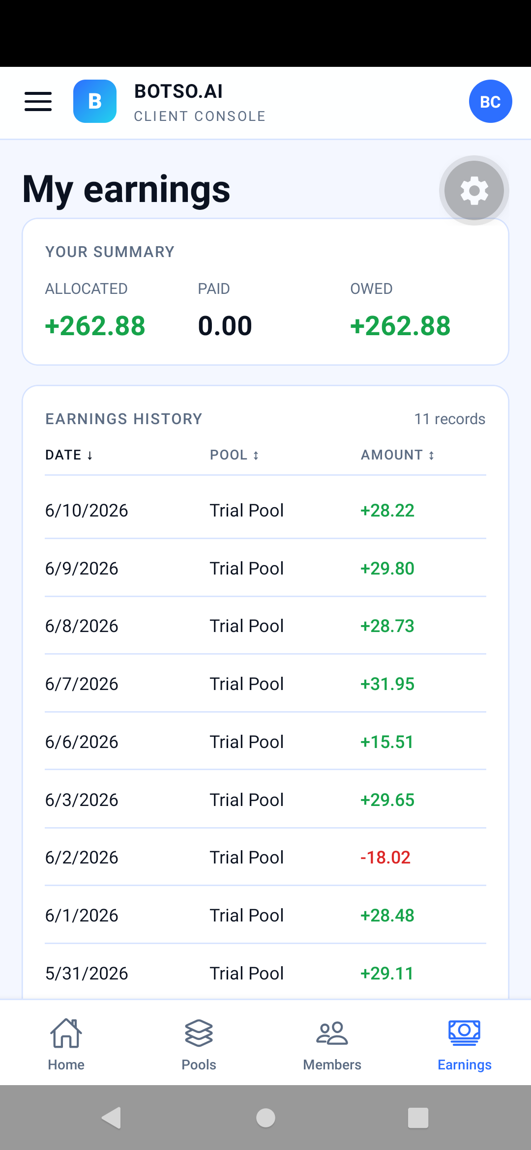 Botso app Earnings screen — light theme