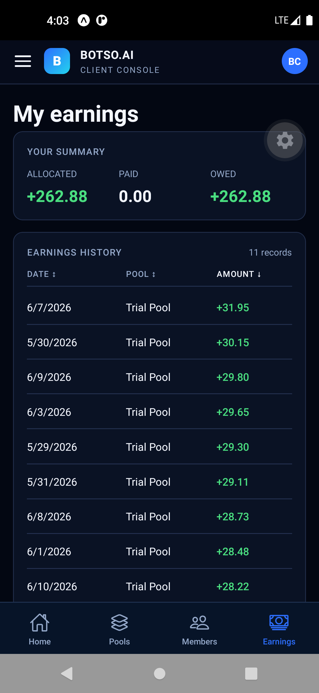 Botso app Earnings screen — dark theme