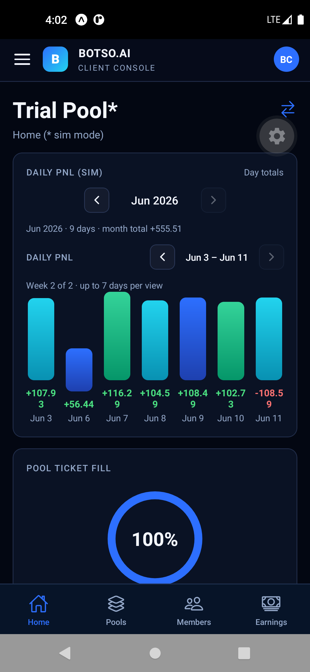Botso app Home screen — dark theme