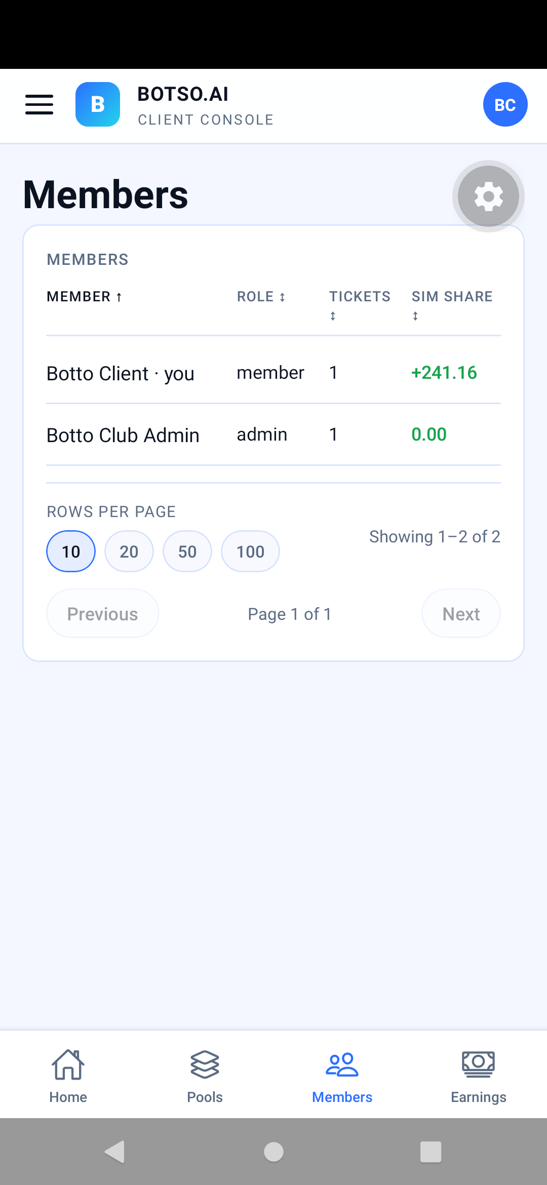 Botso app Members screen — light theme