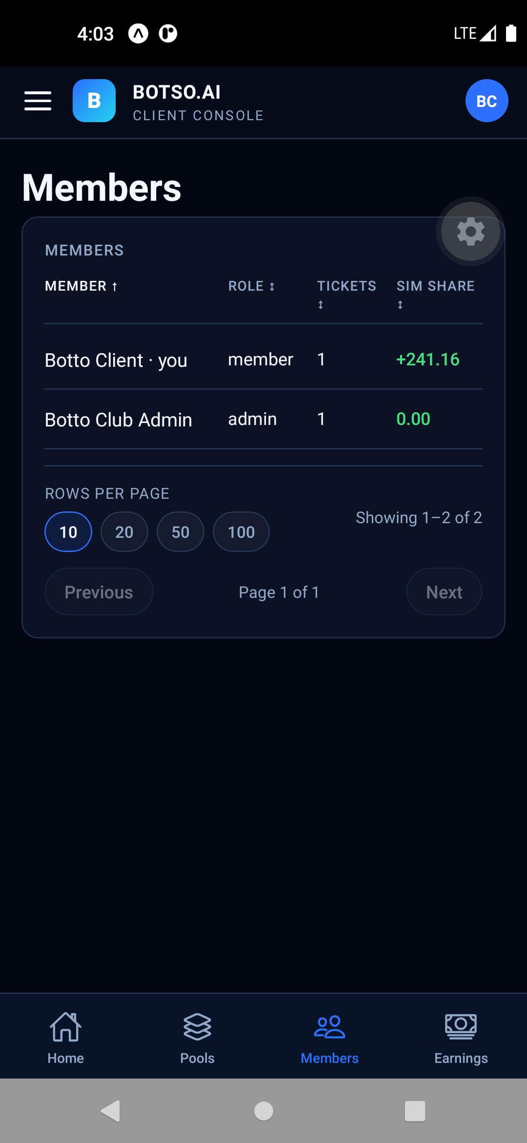 Botso app Members screen — dark theme