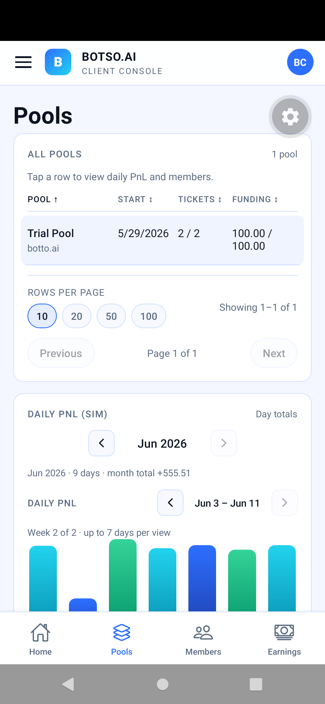 Botso app Pools screen — light theme