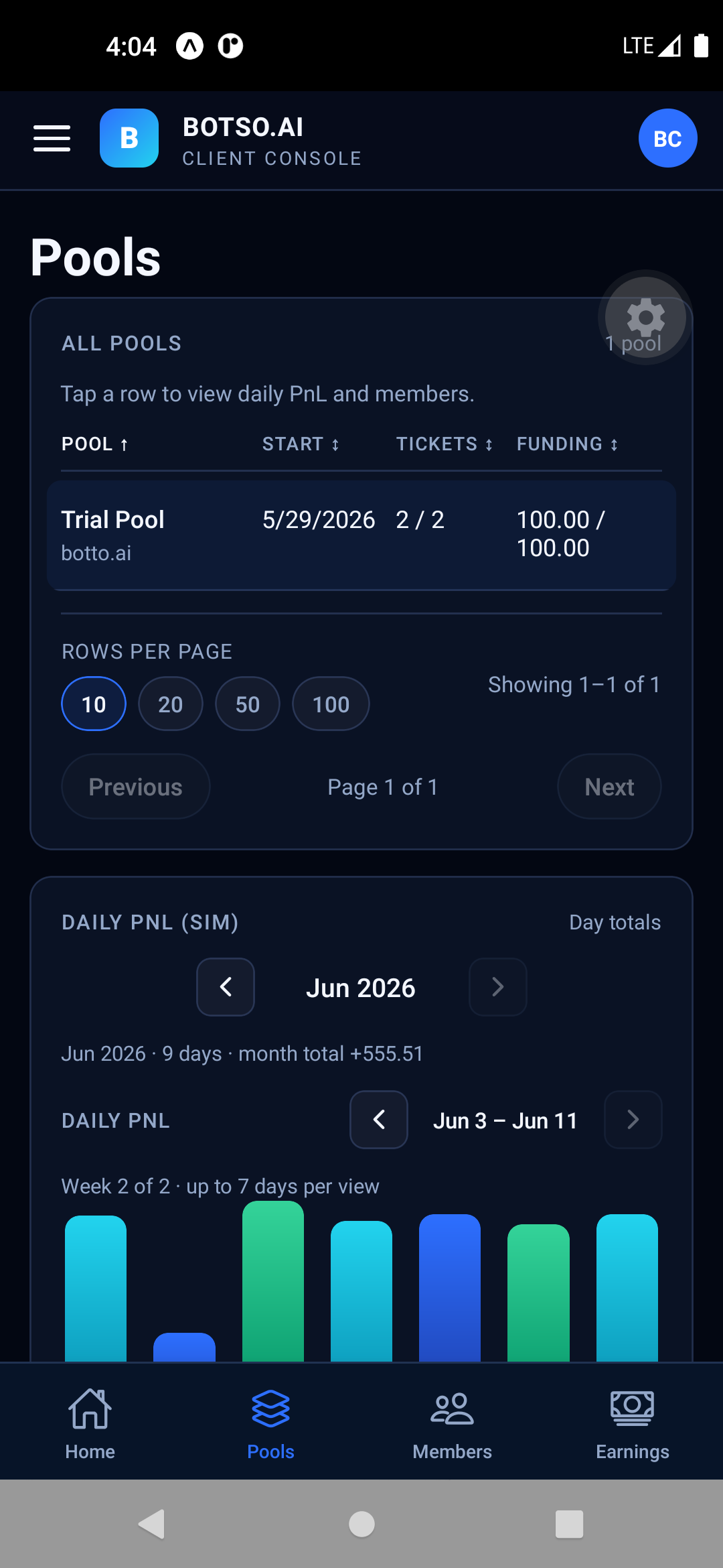 Botso app Pools screen — dark theme