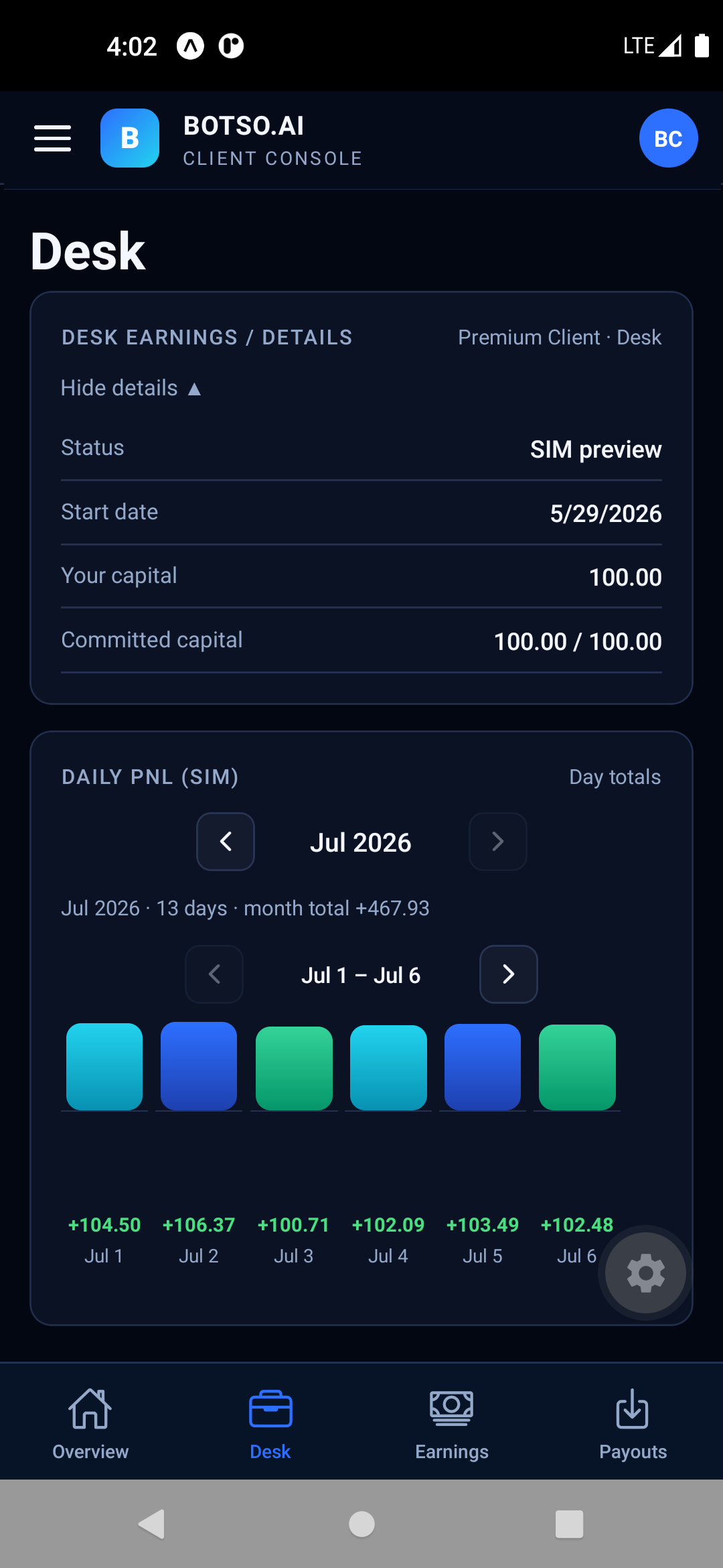 PaulieMarket Desk app Desk screen &mdash; dark theme