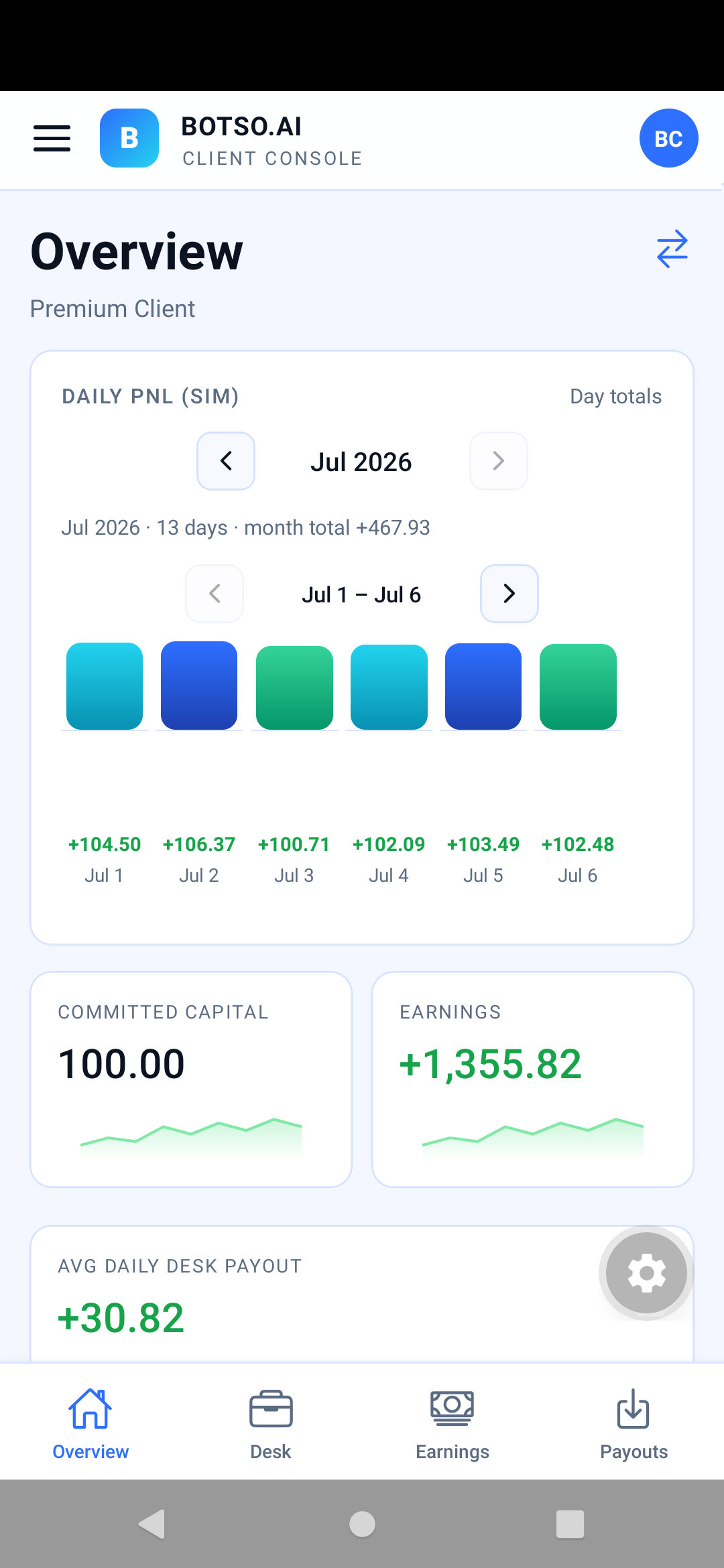 PaulieMarket Desk app Overview screen &mdash; light theme