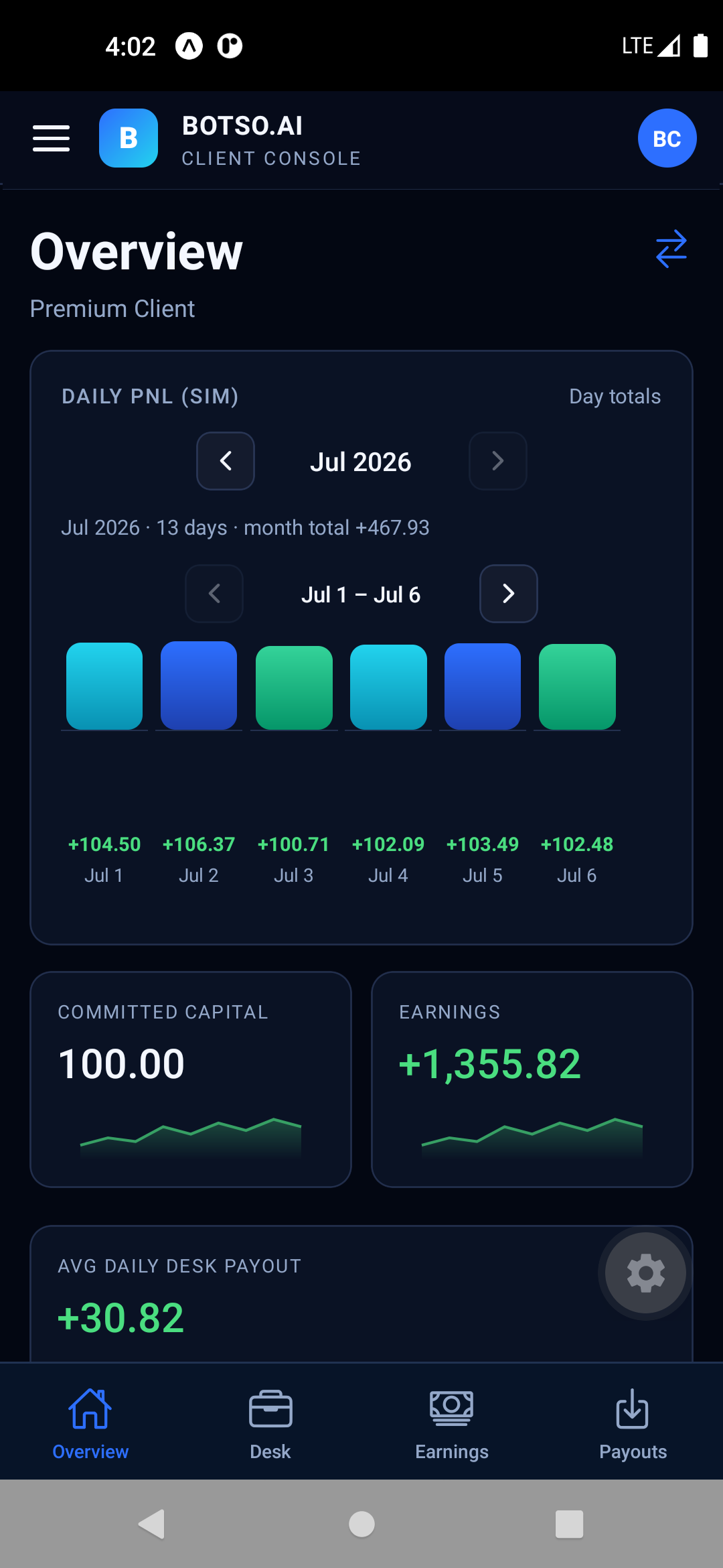 PaulieMarket Desk app Overview screen &mdash; dark theme